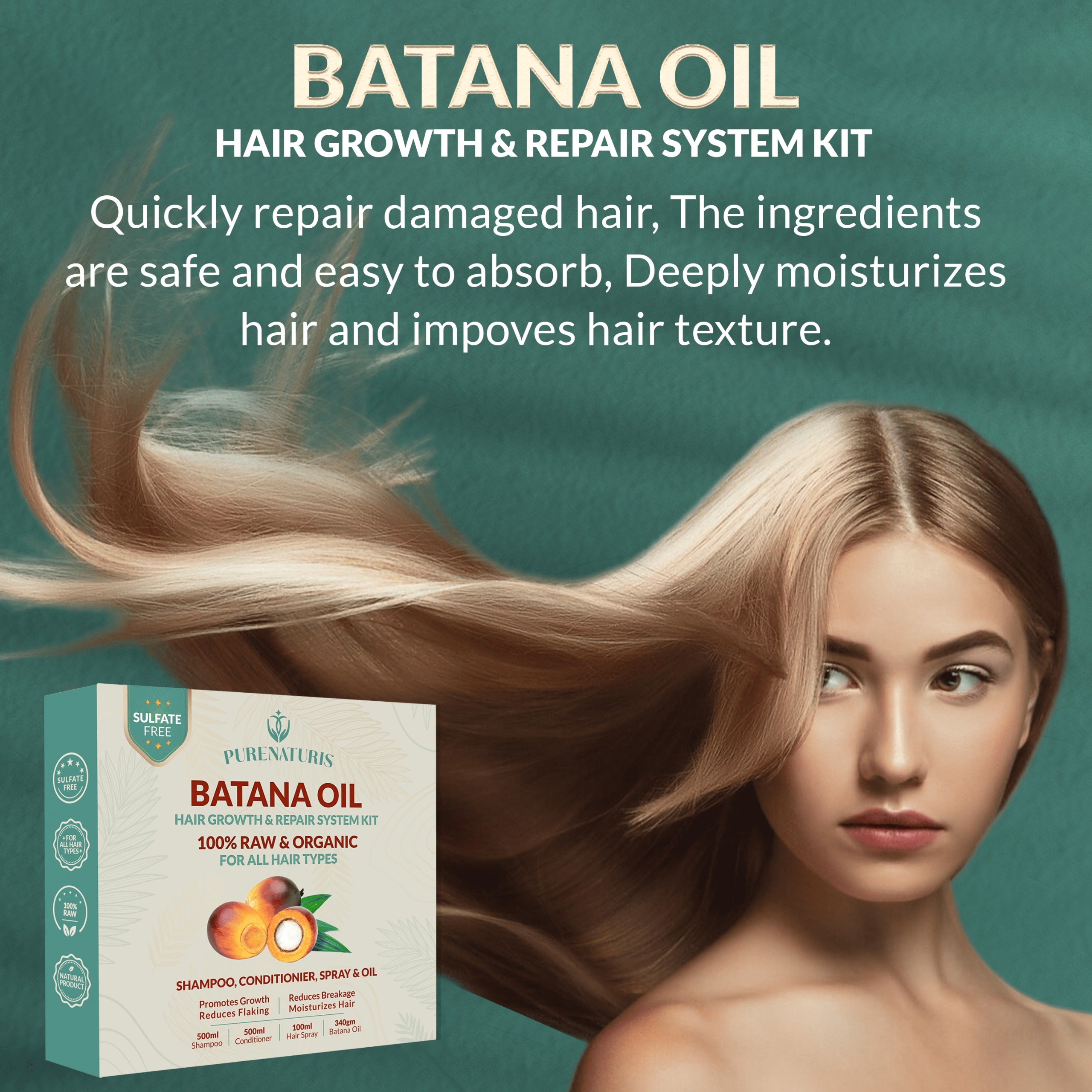 Organic Batana Oil Hair Care Kit – Sulfate-Free Growth, Anti-Loss, Repair System | Includes Shampoo, Conditioner, Hair Mask &amp; Leave-In Spray